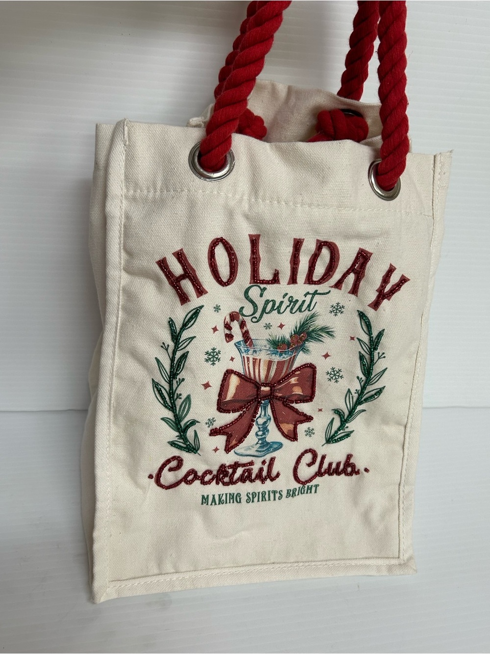 Holiday Spirit Cocktail Club Graphic Cotton Canvas Reusable Wine Tote Bag